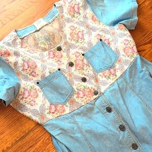 Monique Fashions - Vintage Made In USA Floral Stitch & Denim Cottagecore Dress